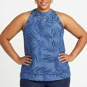 ​Cato Blouse 100% Tencel Lyocell Size 18/20W Plus Blue Tropical Palm Print Halte